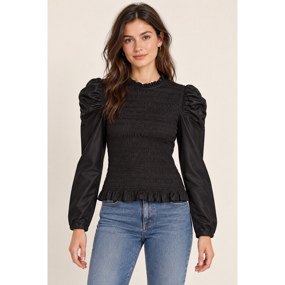 Ulla Johnson Leonis Blouse Noir Black Smocked Silk Blend Puff Sleeve 0 romantic